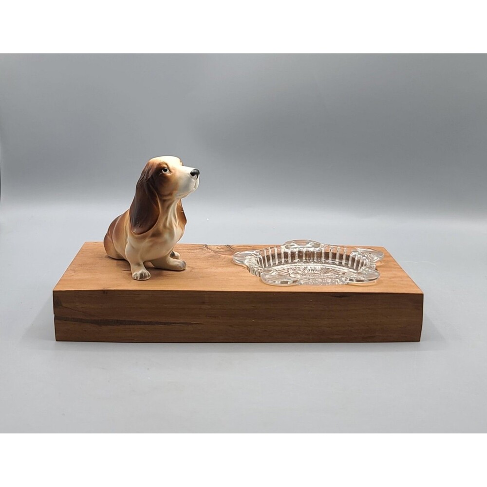Dog Ashtray Bassett Hound Wood Base Removable Glass Ceramic Dog